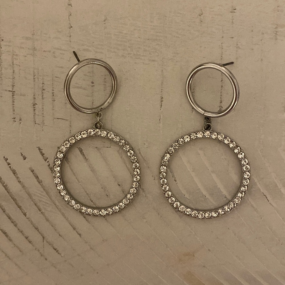 Silver Dangle Hoop Earrings With CZ Diamonds